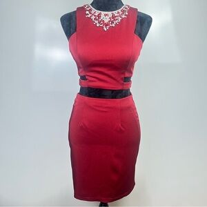 Elegant Dark Red Two Piece Sleeveless Dress with Embellished Neckline